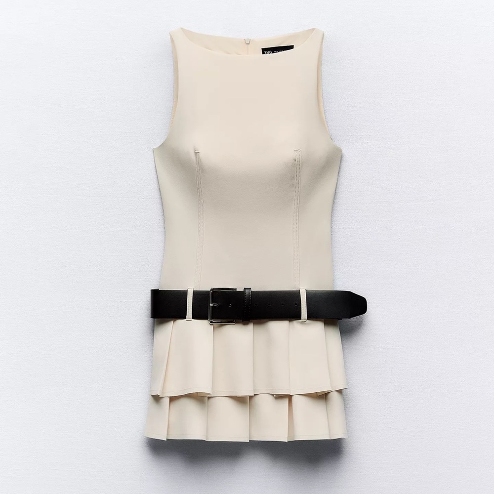 Zara Oyster White Belted BOX PLEAT JUMPSUIT DRESS